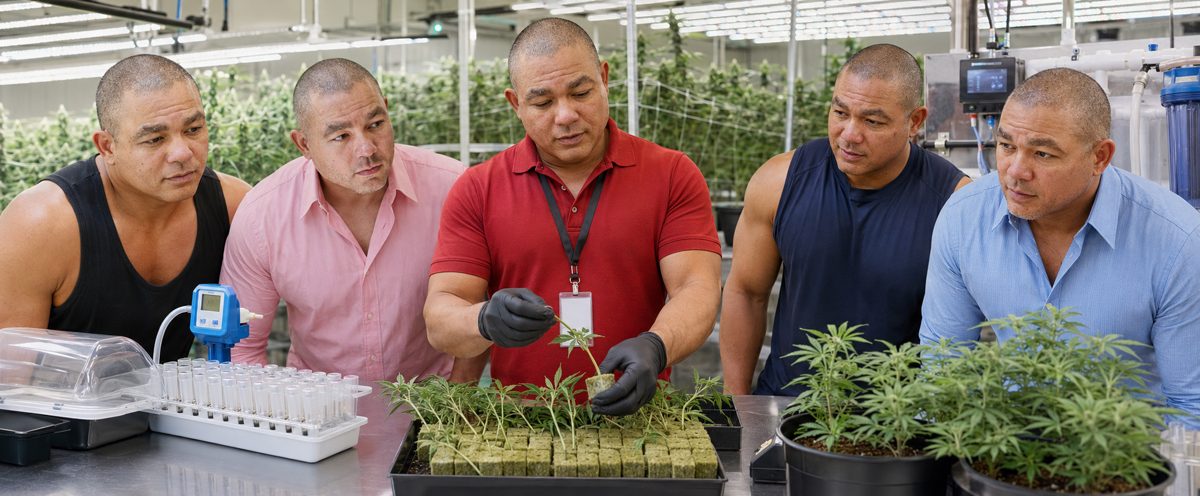 Devin Lockett training a team in the hydroponic cannabis cultivation grow